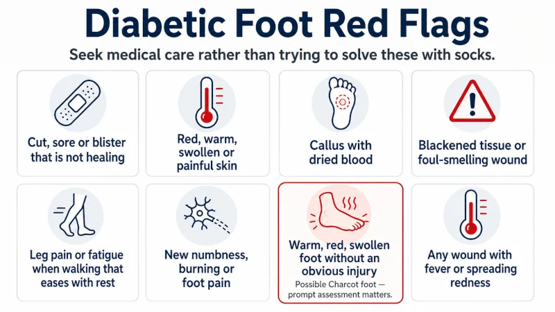 Diabetic foot warning signs including a non-healing sore, spreading redness, blackened tissue, walking pain, numbness, and a warm red swollen foot