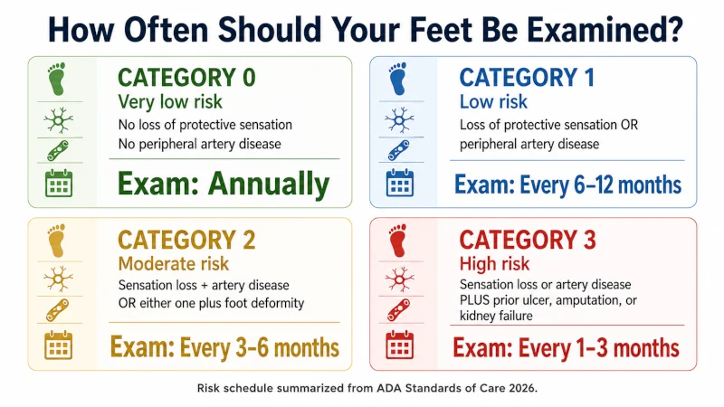 Four diabetic foot risk categories showing recommended examination frequency from annually to every one to three months