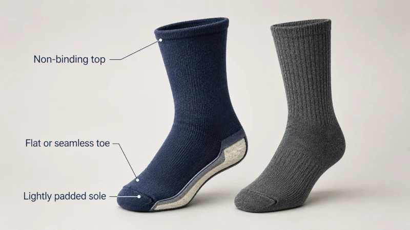 Diabetic-style sock and ordinary ribbed sock side by side with labels showing a non-binding top, flat toe seam, and padded sole