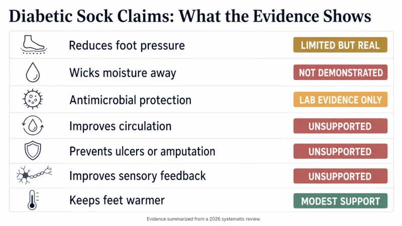 Infographic grading seven diabetic sock marketing claims by evidence strength, including pressure reduction, moisture control, circulation, and ulcer prevention