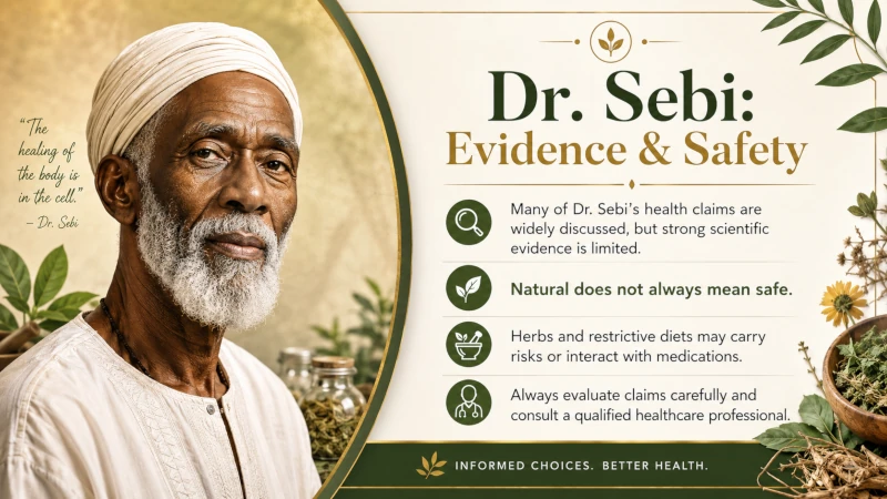 Portrait-style image related to Dr. Sebi on high blood pressure with text overlay about evidence and safety.