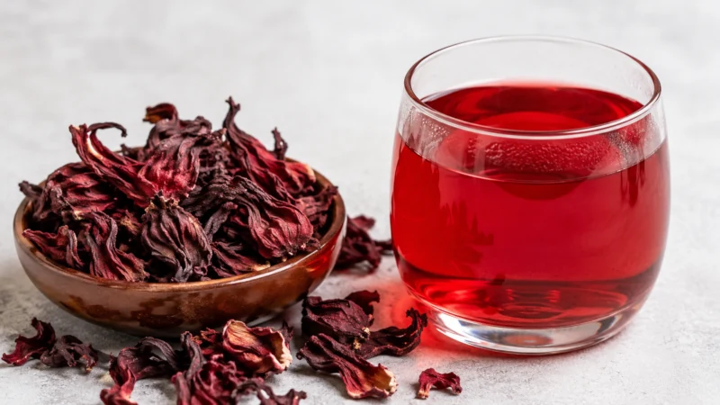 Dried red hibiscus calyces beside a glass of brewed ruby-red hibiscus tea.