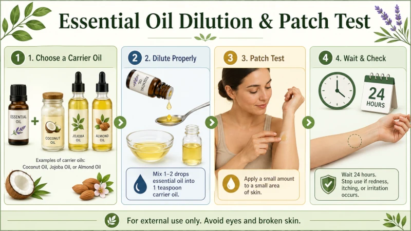 Guide showing essential oil diluted in carrier oil with patch-test step.