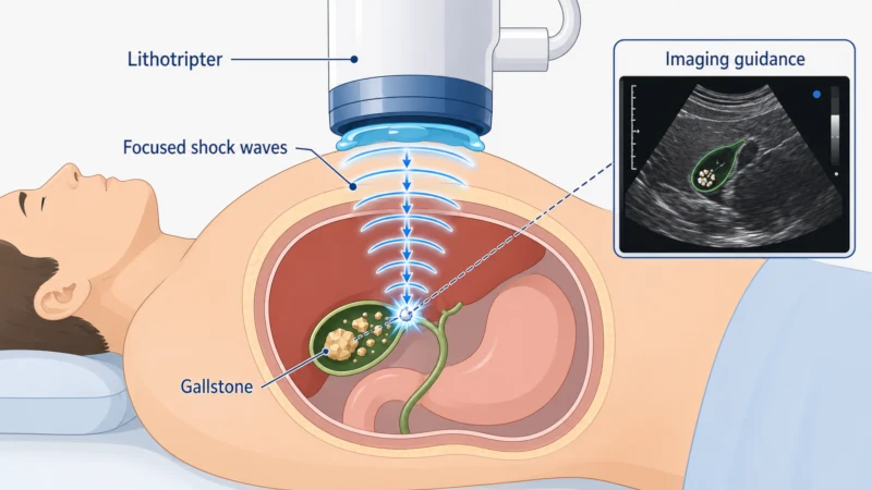 Cross-section showing focused soundwave therapy for gallstones during lithotripsy.