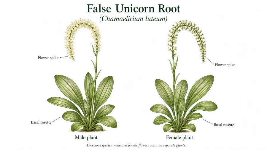 Labeled botanical diagram of false unicorn root (Chamaelirium luteum) showing basal rosette, flower spike, and separate male and female plants.