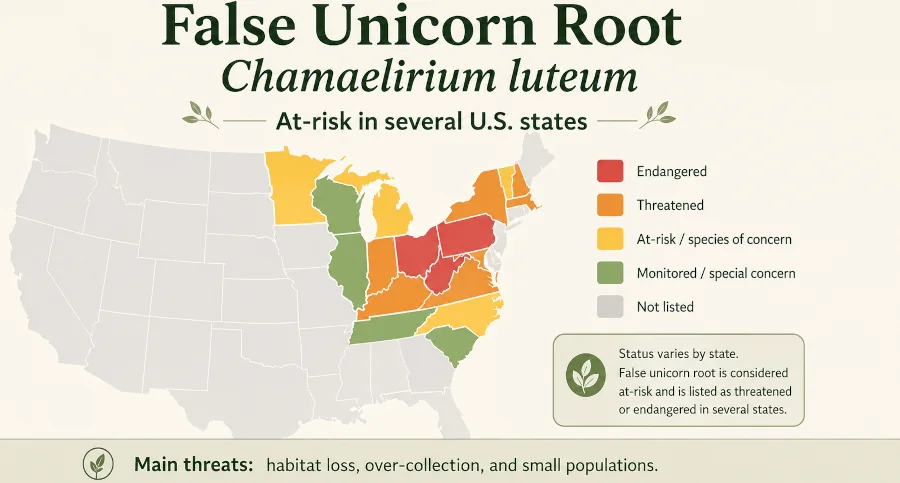 Map and status graphic showing false unicorn root as at-risk and threatened or endangered in several US states.