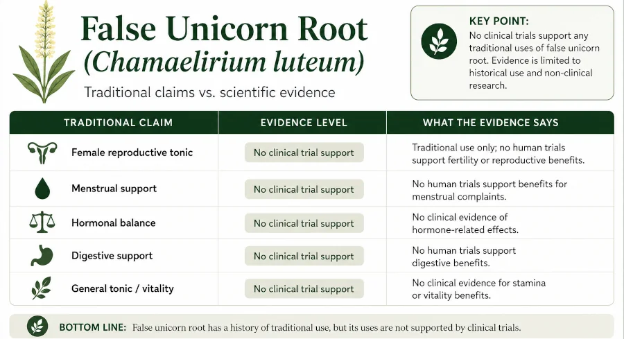 Chart comparing traditional claims for false unicorn root against the level of scientific evidence, showing no clinical trials support its uses.