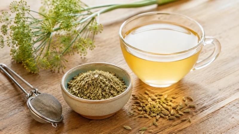 Crushed fennel seeds and a cup of freshly brewed fennel tea
