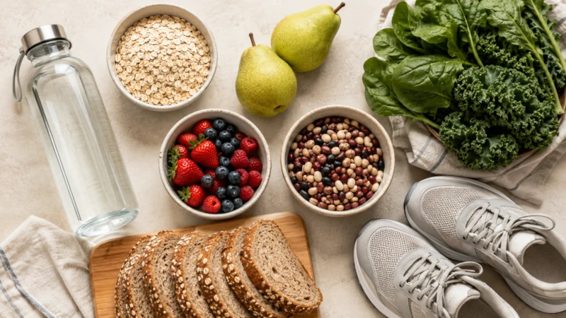 High-fiber foods, water, and walking shoes representing constipation relief habits