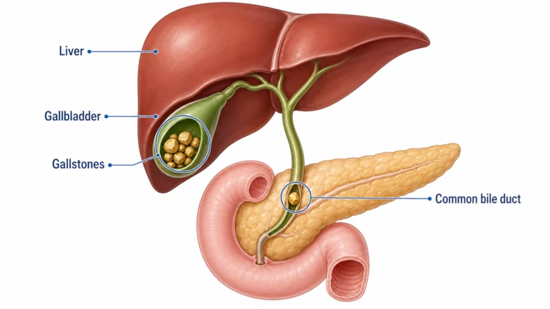 Diagram of the gallbladder, liver, and bile ducts showing where gallstones can lodge.