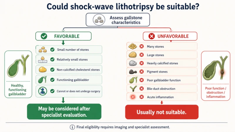 Decision chart of gallstone features that do and don’t suit shock-wave lithotripsy.
