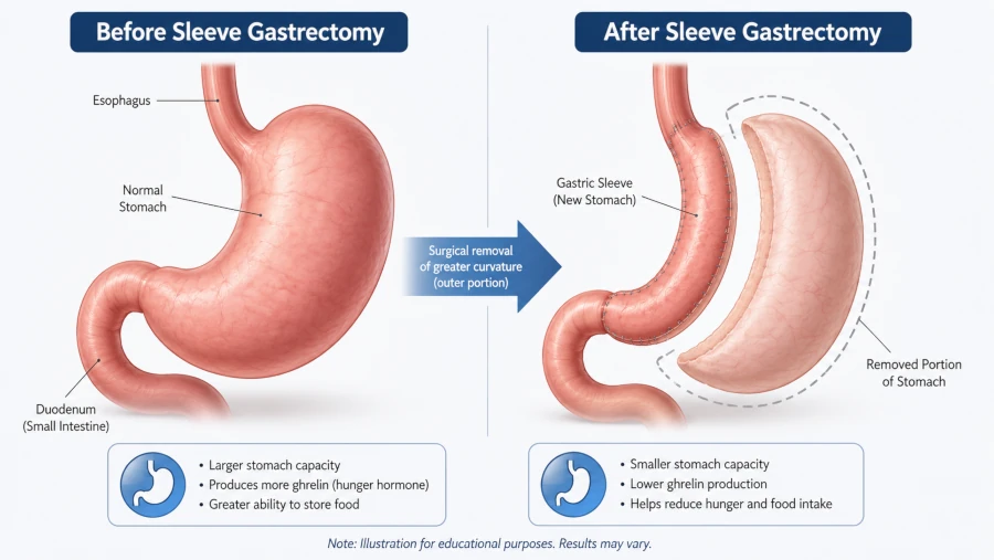 Illustration of a stomach before sleeve gastrectomy and the narrow banana-shaped sleeve after.