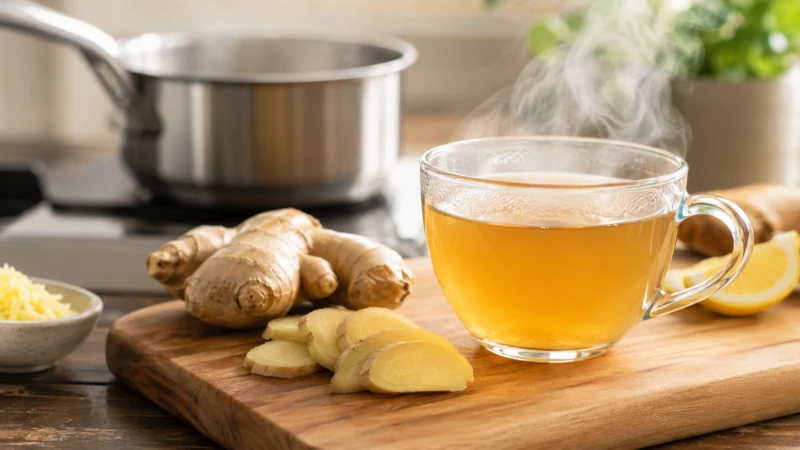 Fresh ginger slices and a cup of homemade ginger tea