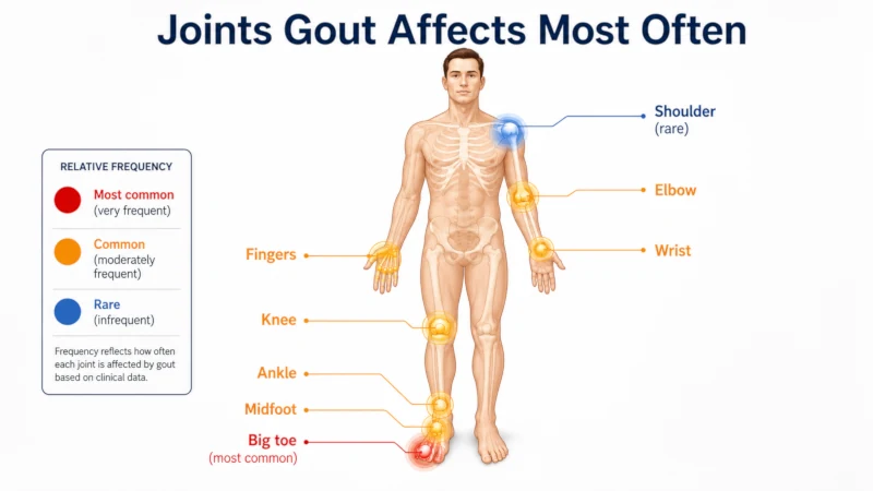 Body diagram showing joints gout affects most often, from the big toe up to the rarely involved shoulder.