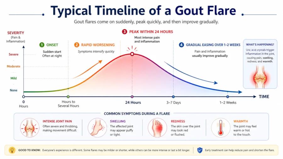 Timeline showing a gout flare peaking within 24 hours and easing over one to two weeks.