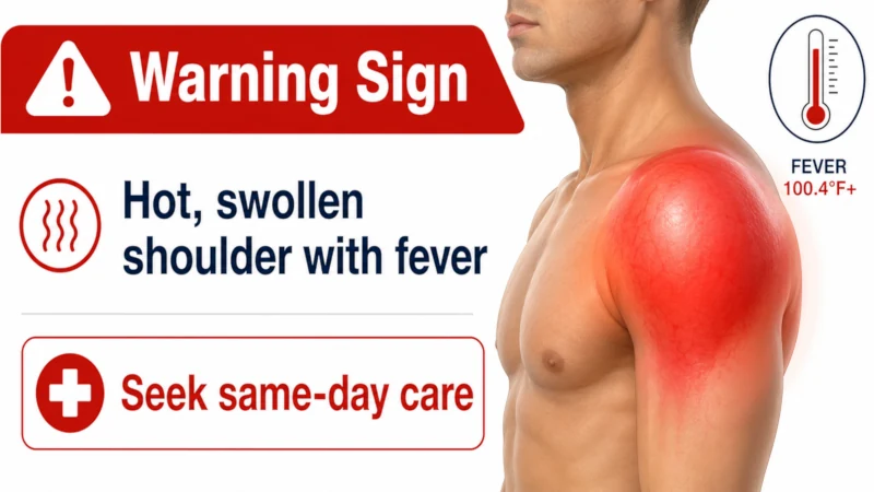 Warning-sign panel highlighting a hot swollen shoulder with fever as a reason for same-day care.
