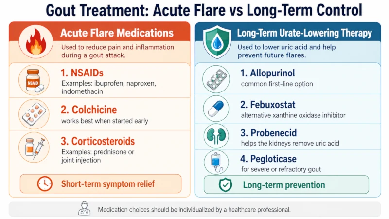 Two-column visual separating acute flare medications from long-term urate-lowering therapy