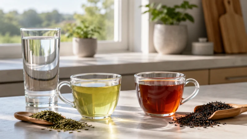 Green tea, black tea, and a glass of water on a kitchen table