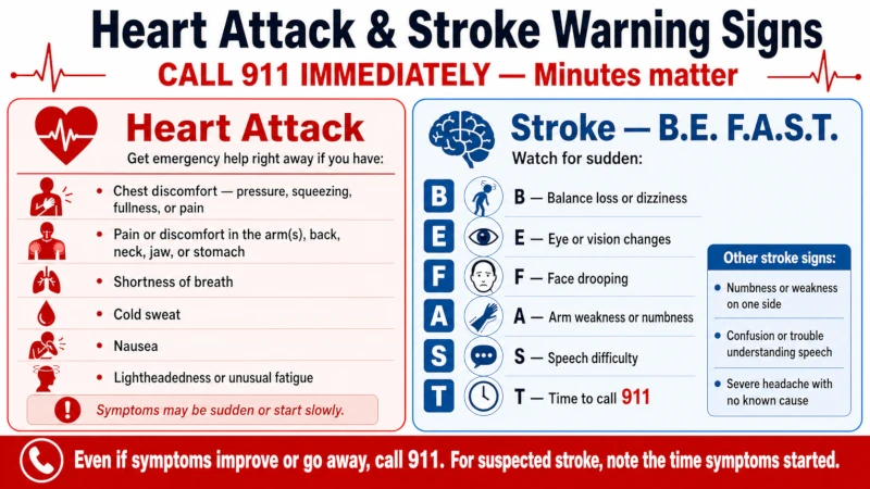 Warning-sign card for heart attack and stroke symptoms requiring emergency care.