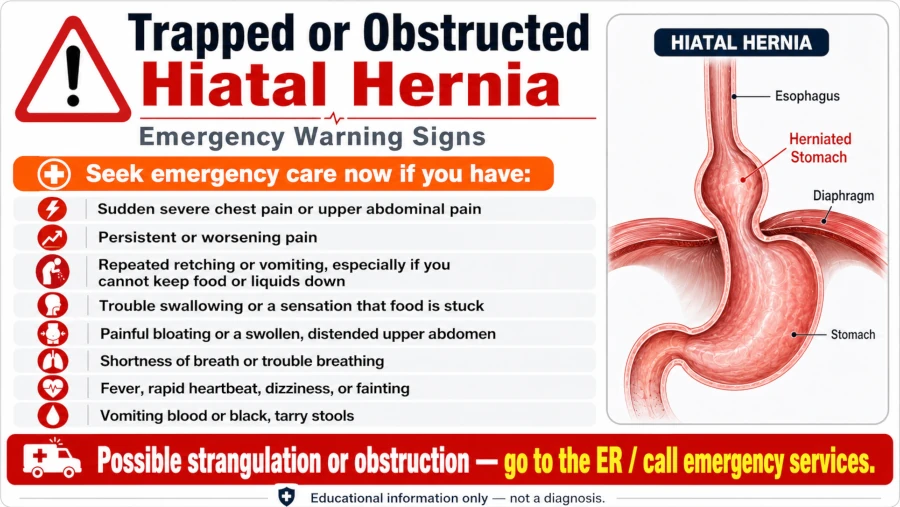 Warning-sign card listing emergency symptoms of a trapped or obstructed hiatal hernia.