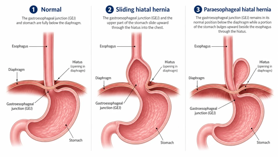 Diagram comparing a normal stomach with sliding and paraesophageal hiatal hernias at the diaphragm.