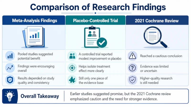 Chart comparing meta-analysis findings, a placebo-controlled trial, and the 2021 Cochrane review's cautious conclusion about hibiscus tea for high blood pressure