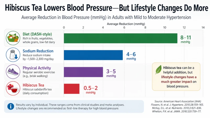 Bar graphic comparing the modest blood-pressure effect of hibiscus tea with diet, sodium reduction, and activity.