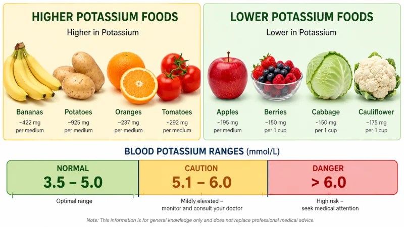 Side-by-side comparison: bananas, potatoes, oranges, and tomatoes on the high-potassium side; apples, berries, cabbage, and cauliflower on the low-potassium side.