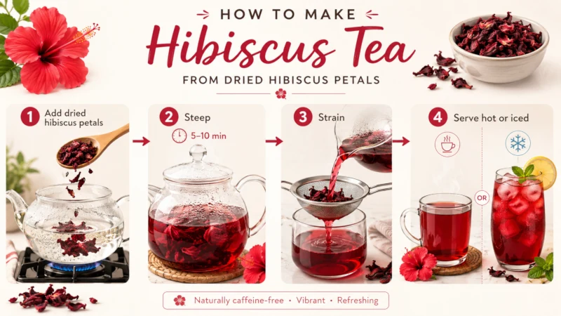 Step-by-step visual of steeping dried hibiscus petals, straining, and serving hot or iced.