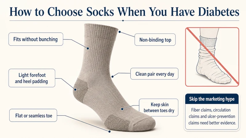 Checklist showing features to look for when choosing diabetic socks for men, including proper fit, flat seams, light padding, and a non-binding top
