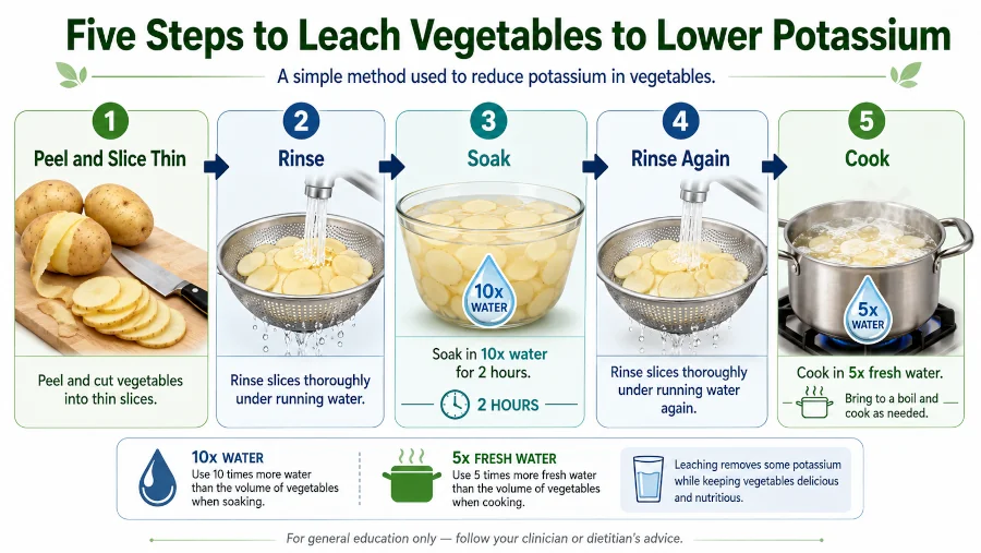 Five-step infographic on leaching vegetables to lower potassium: peel and slice thin, rinse, soak in 10x water for two hours, rinse again, then cook in 5x fresh water.