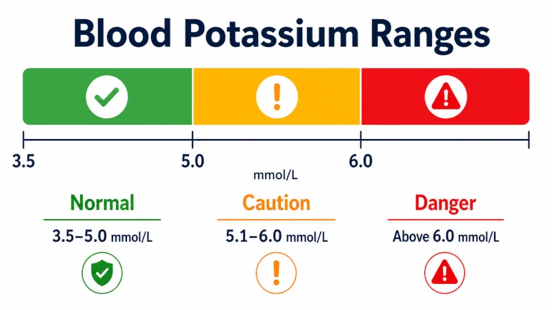 Chart showing blood potassium ranges: normal 3.5 to 5.0, caution 5.1 to 6.0, and danger above 6.0 mmol per liter.
