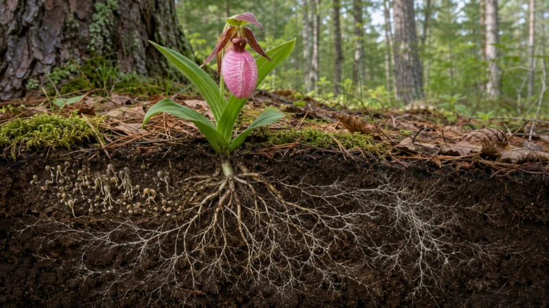 Illustration of lady’s slipper seeds and roots connected with fungi beneath forest soil