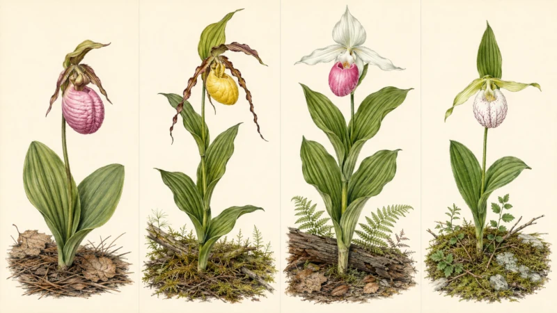 Comparison of pink, yellow, showy, and white lady’s slipper orchids