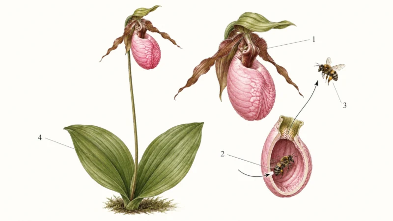 Botanical diagram of a pink lady’s slipper flower showing its pouch and pollinator route