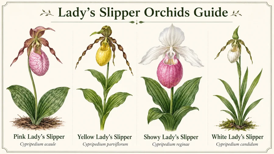 Side-by-side guide to pink, yellow, showy, and white lady's slipper orchids with labels.