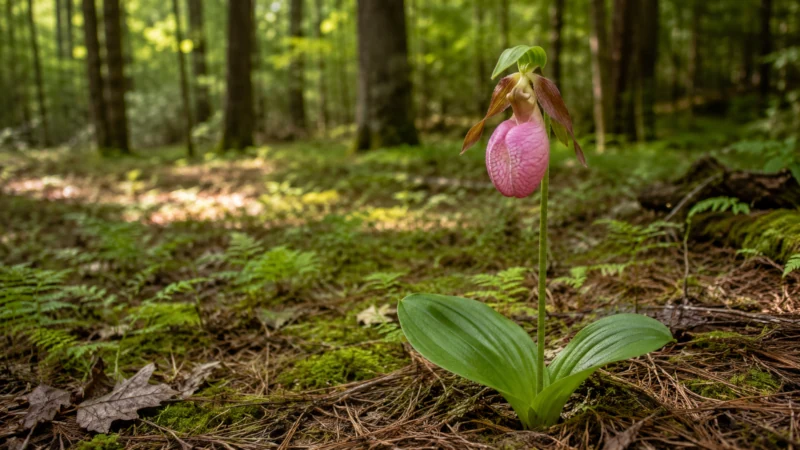 Pink lady’s slipper orchid growing among pine needles in a shaded woodland