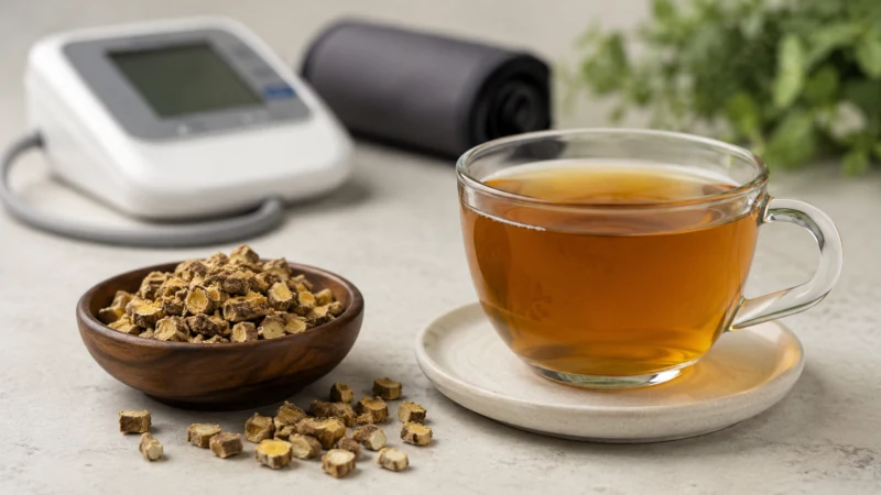 Licorice root tea beside a blood pressure monitor to highlight safety concerns