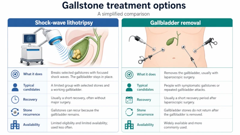Comparison of shock-wave lithotripsy and gallbladder removal for gallstones.