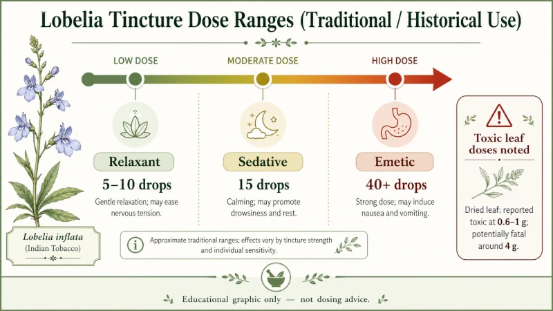 Diagram showing lobelia tincture dose ranges from relaxant at 5-10 drops to sedative at 15 drops to emetic at 40+ drops, with toxic leaf doses noted