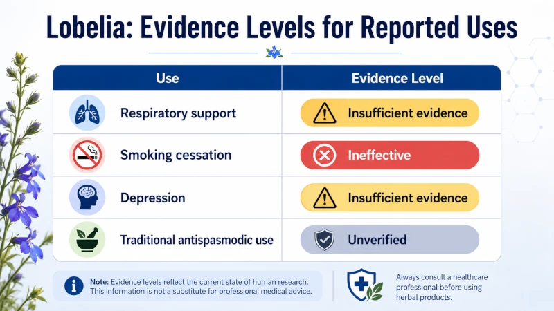 Chart showing evidence levels for lobelia uses: respiratory insufficient, smoking cessation ineffective, depression insufficient, traditional antispasmodic unverified