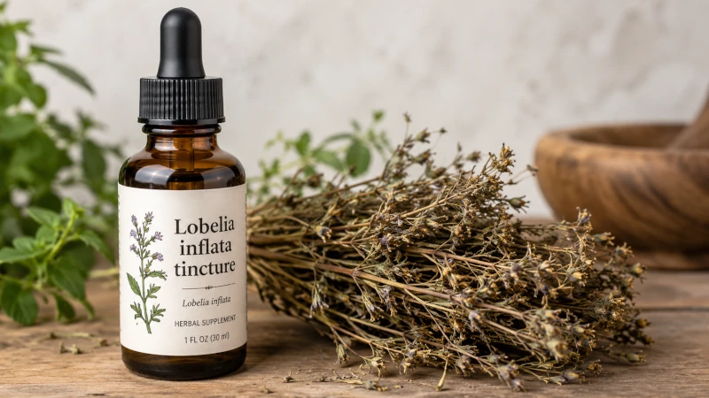 Lobelia inflata tincture bottle alongside dried lobelia herb