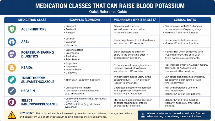 Quick reference table of medication classes that can raise blood potassium: ACE inhibitors, ARBs, potassium-sparing diuretics, NSAIDs, trimethoprim-sulfamethoxazole, heparin, and select immunosuppressants.