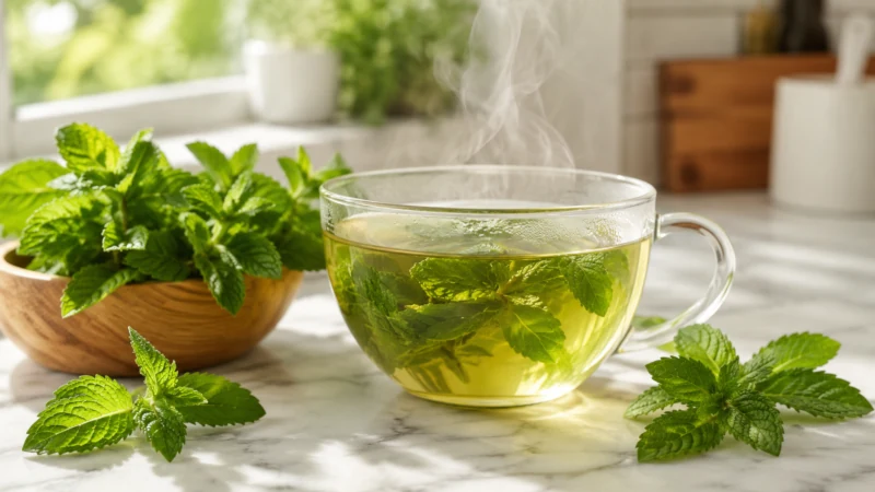 Fresh peppermint leaves beside a warm cup of peppermint tea