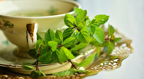 tea cup of peppermint tea and leaves next to it