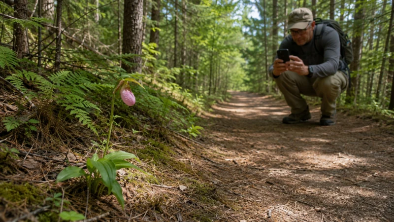 Hiker photographing a wild lady’s slipper orchid without touching the plant