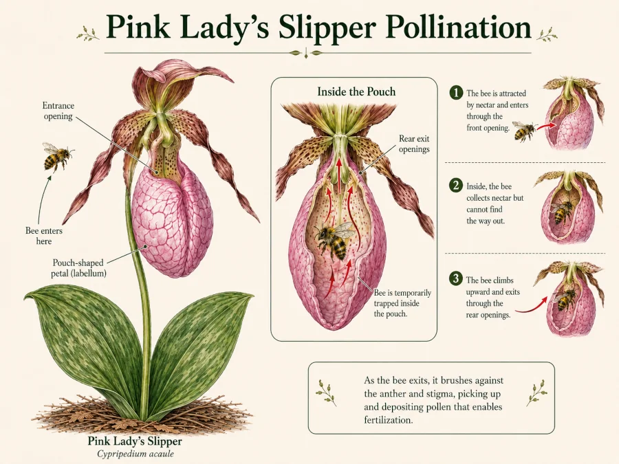 Labeled pink lady's slipper flower showing the pouch-shaped petal and the bee's exit route.