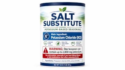 Mock product label highlighting potassium chloride (KCl) as the main ingredient in a salt substitute, with a warning that one teaspoon can contain up to 2,800 mg potassium.
