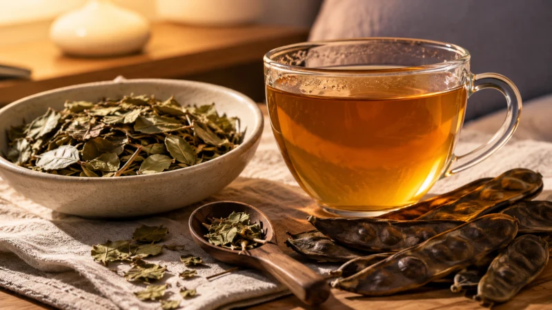 Dried senna leaves and pods beside a cup of senna tea