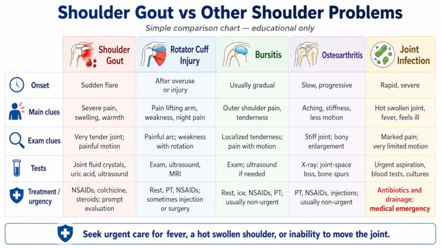 Comparison chart of gout in the shoulder versus rotator cuff injury, bursitis, osteoarthritis, and joint infection